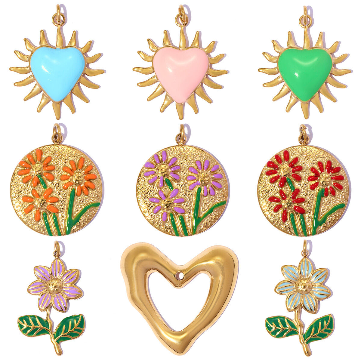 Romantic Series Sweet Enamel Flower Heart Stainless Steel Waterproof Gold Color Women's Pendants