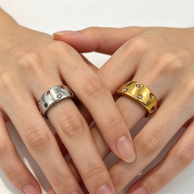 Solid Color Stainless Steel Waterproof Gold Color Rhinestone Statement Rings h5Picture3