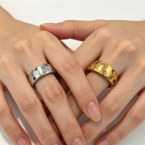 Solid Color Stainless Steel Waterproof Gold Color Rhinestone Statement Rings h5 Picture3