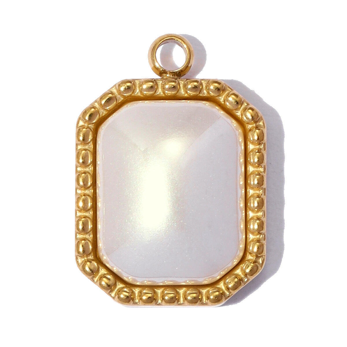 Ciondolo da donna a forma di cuore rettangolare in stile retrò, impermeabile, color oro, con pietra naturale e perla artificiale. 2
