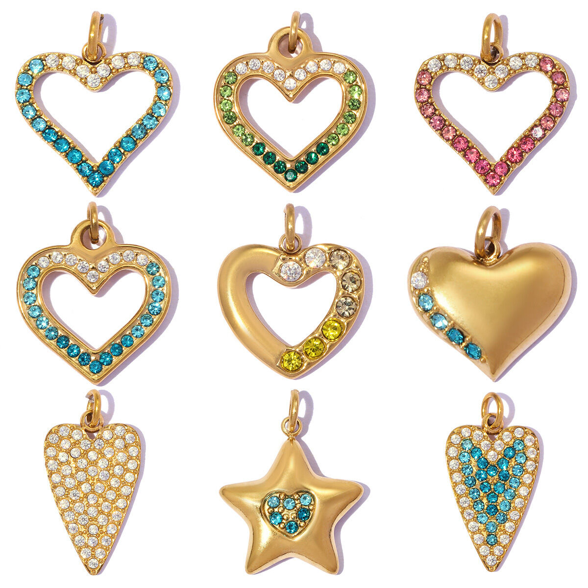 Ciondoli da donna Simple Series a forma di cuore e stella in acciaio inossidabile, impermeabili, color oro, con strass.
