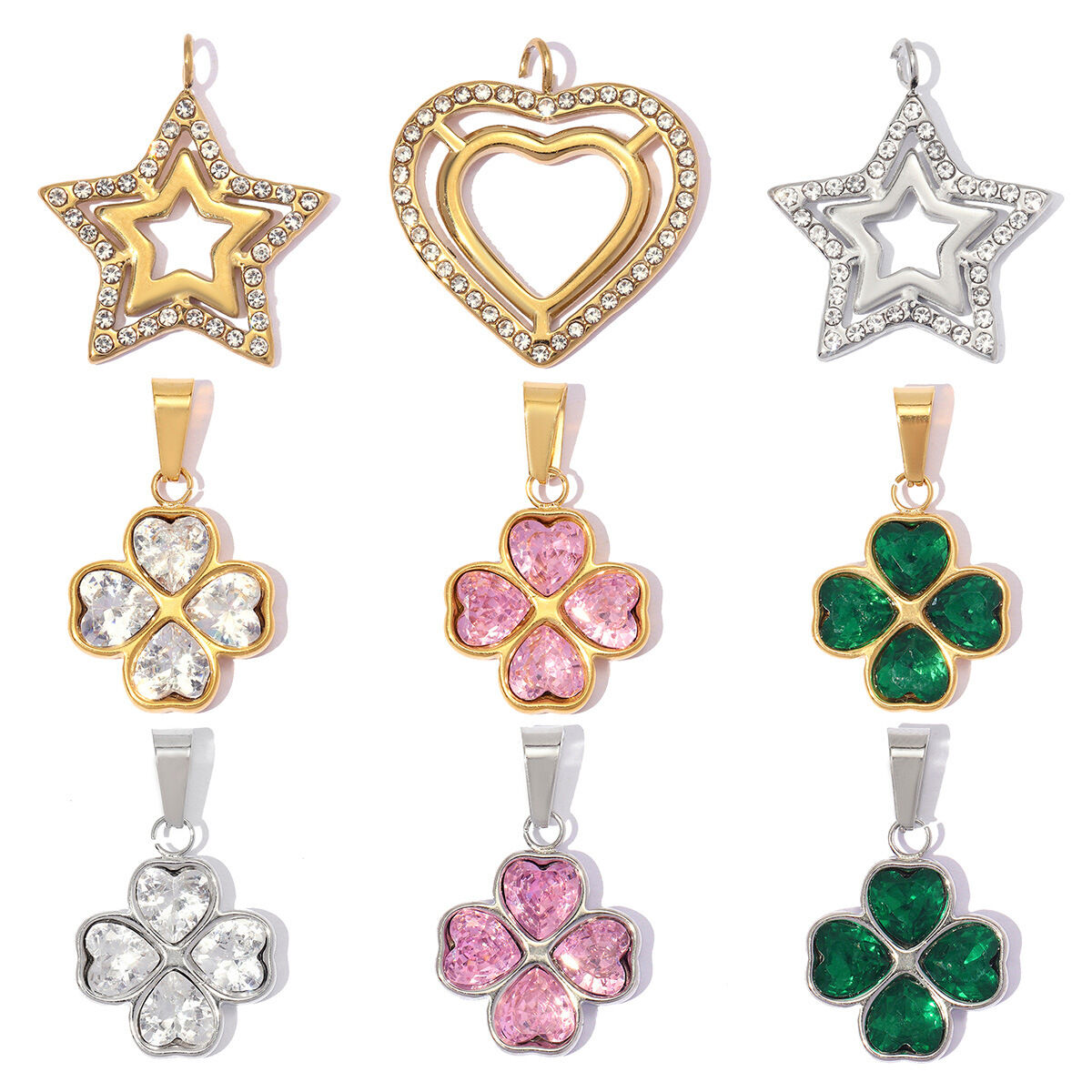 Ciondolo da donna a forma di cuore e trifoglio in acciaio inossidabile, impermeabile, color oro, con strass e zirconi.