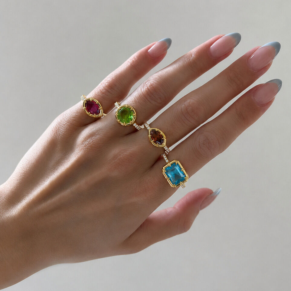 Luxurious Series Sweet Geometric Shape Stainless Steel Waterproof Gold Color Zircon Women's Gemstone Rings h5Picture2