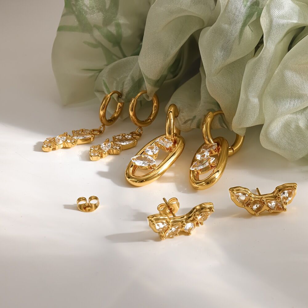 Stainless Steel Waterproof Gold Color Rhinestone Women's Drop Earrings