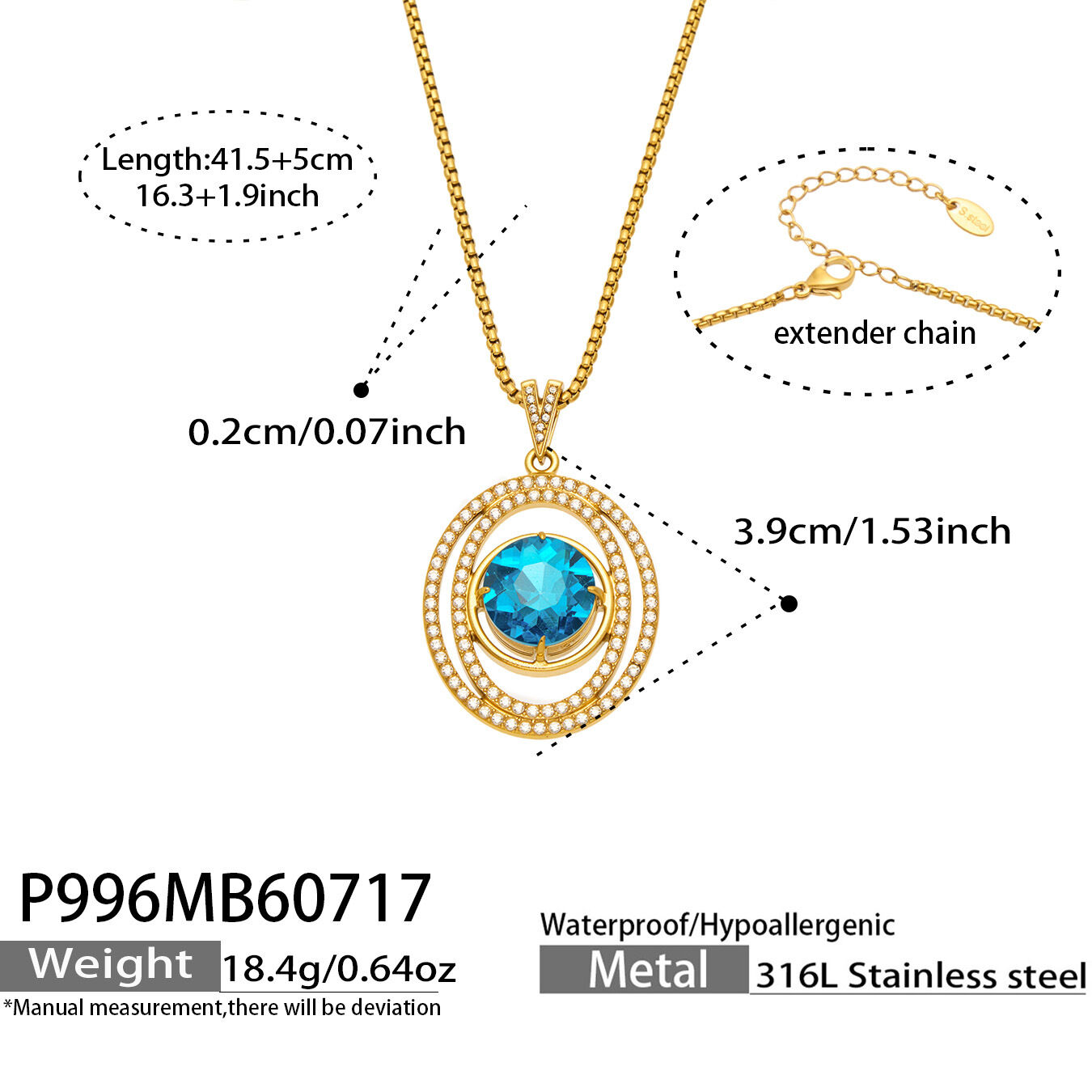 Luxurious Series Stainless Steel Waterproof Gold Color Zircon Blue Glass Women's Pendant Necklaces 