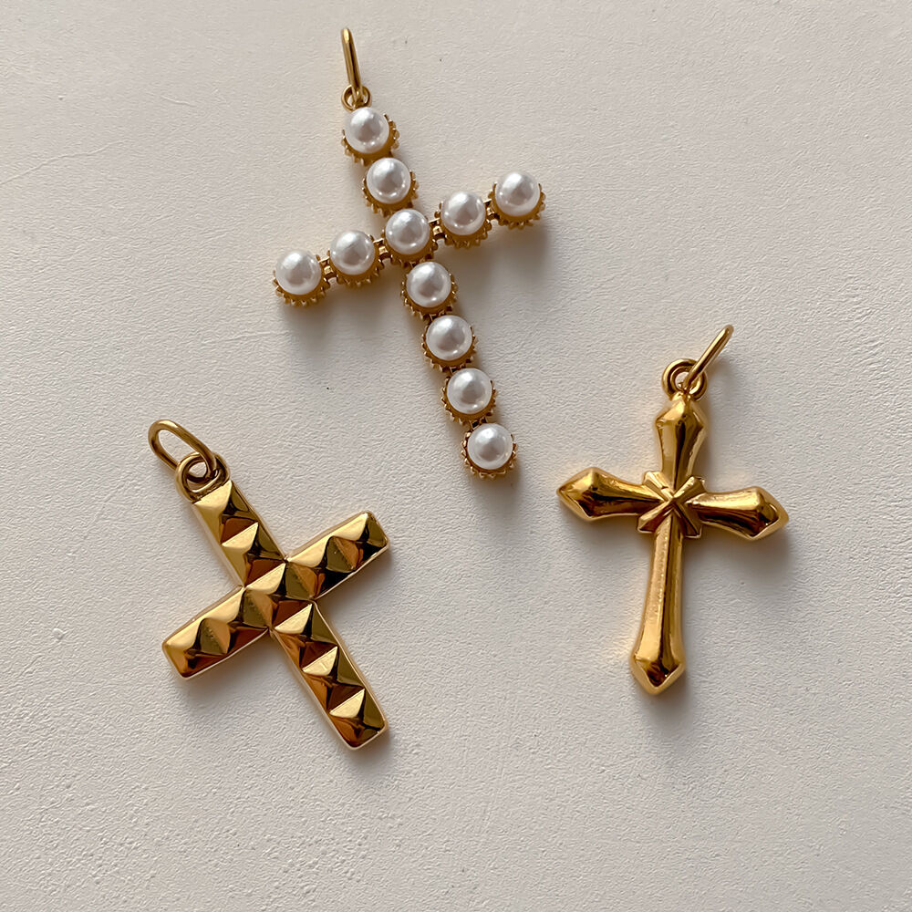 Classic Series Diy Heart Cross Stainless Steel Waterproof Gold Color Artificial Pearl Women's Pendants Picture3