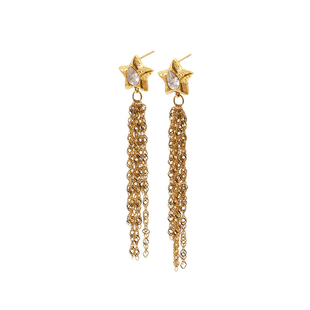 Pendientes Colgantes De Mujer De La Serie Simple, Elegantes, Con Borla En Forma De Estrella, De Acero Inoxidable, Resistentes Al Agua Y Color Dorado. h5Imagen4