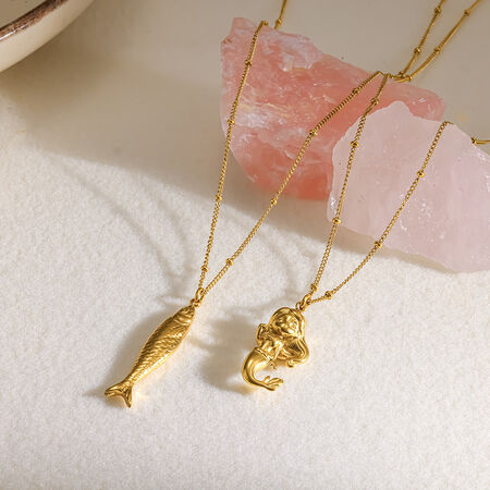 Collana Con Pendente Da Donna Simple Series Casual Dalla Forma Irregolare A Sirena, In Acciaio Inossidabile Impermeabile Color Oro. 2