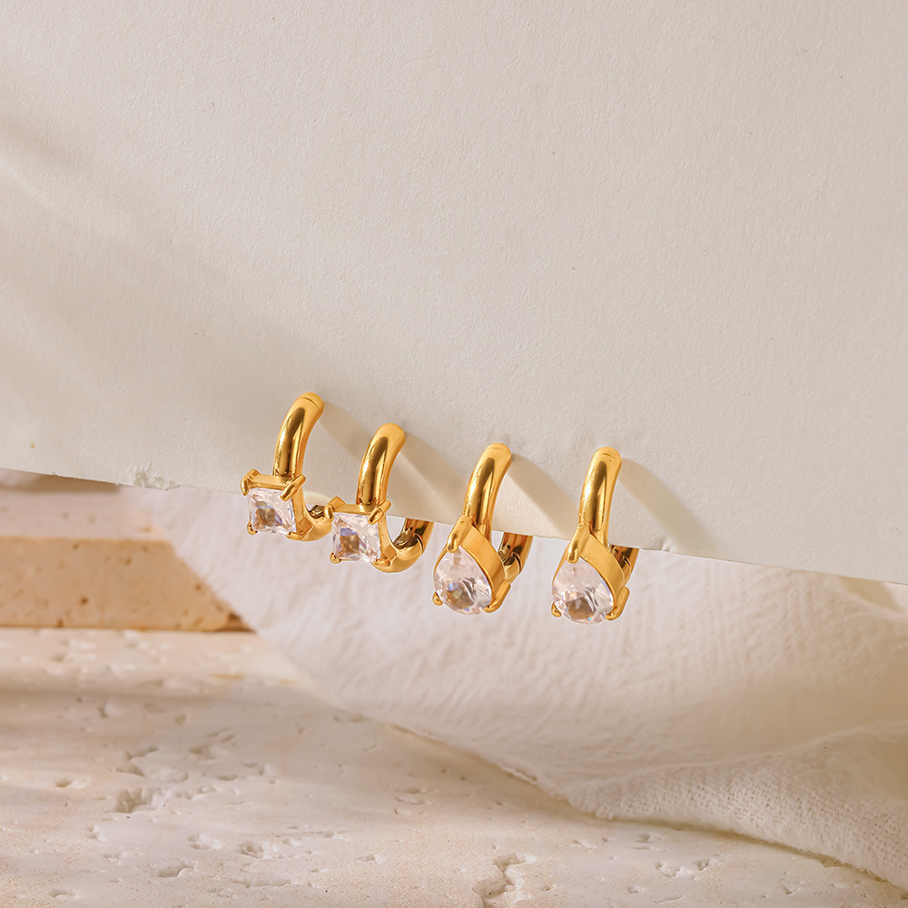 Orecchini A Cerchio Da Donna Simple Series Daily Droplet Con Forma Geometrica A Goccia, In Acciaio Inossidabile Impermeabile Color Oro E Zirconi. h5Immagine2