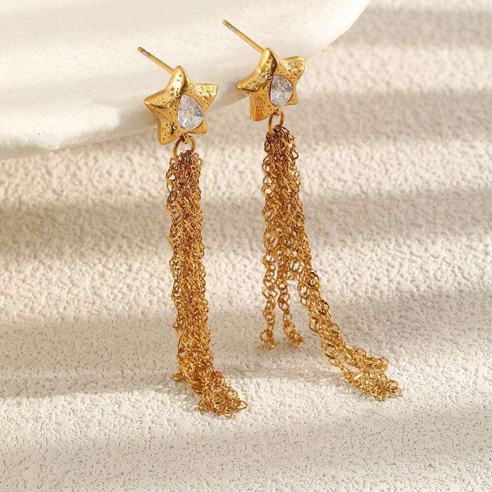 Pendientes Colgantes De Mujer De La Serie Simple, Elegantes, Con Borla En Forma De Estrella, De Acero Inoxidable, Resistentes Al Agua Y Color Dorado. h5Imagen2
