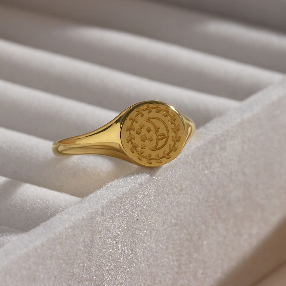 Classic Series Daily Sun Plant Moon Stainless Steel Waterproof   Gold Color  Signet Rings h5 Picture2