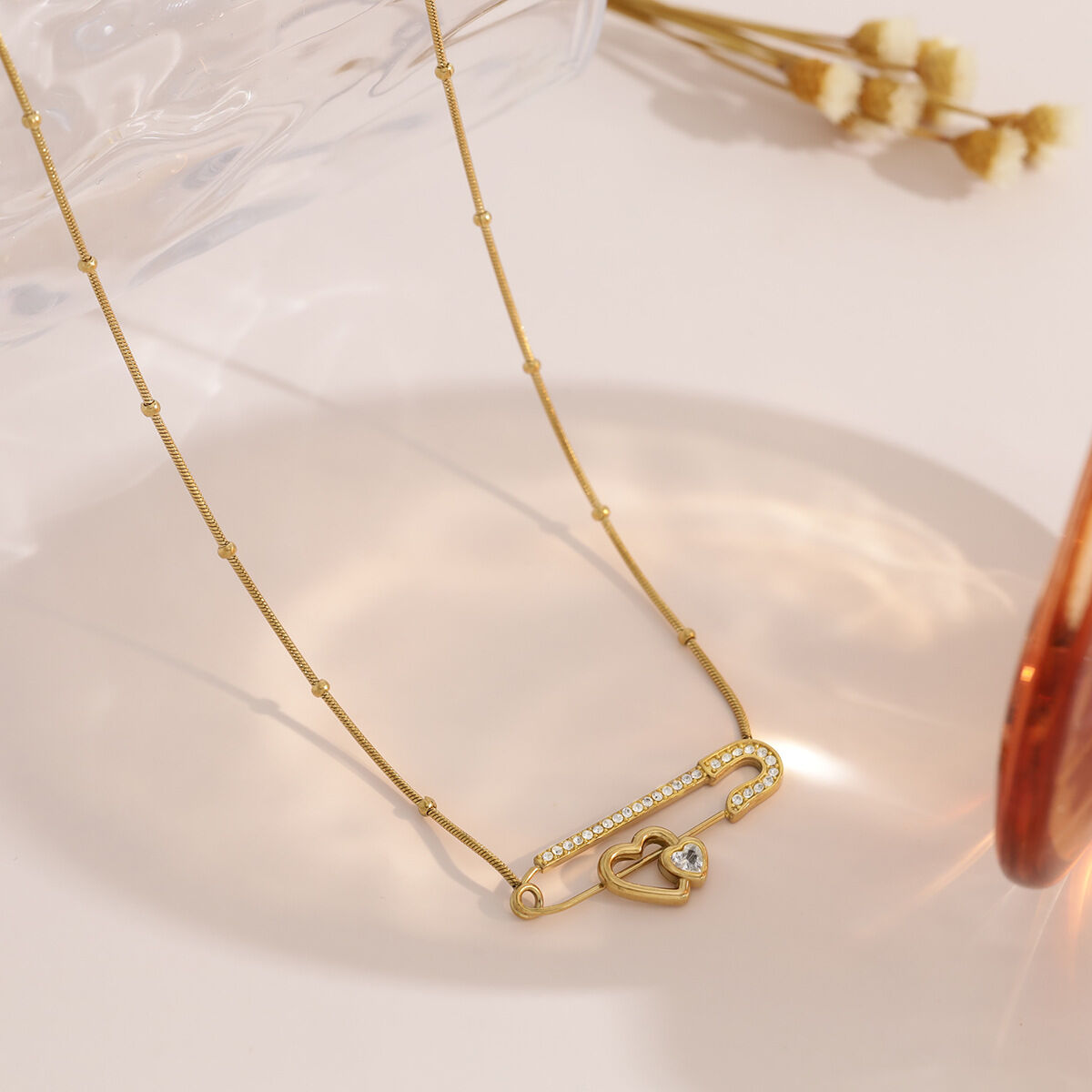 Simple Heart Stainless Steel Waterproof Gold Color Rhinestone Women's Pendant Necklaces h5 Picture2