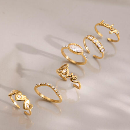 Elegante Statement-Ringe Aus Schlichtem Edelstahl In Herzform Mit Unregelmäßiger Buchstabenform, Wasserfest, Goldfarben. 2