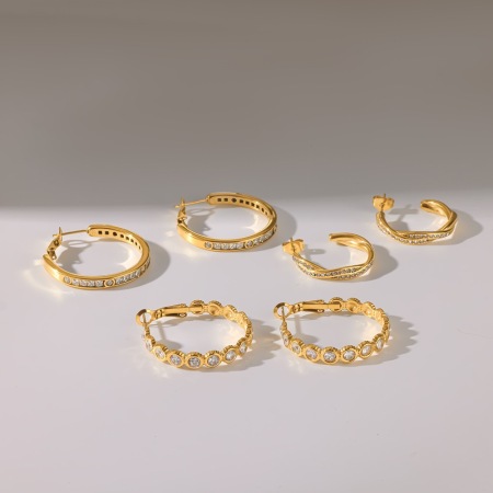 Stainless Steel Waterproof Gold Color Rhinestone Women's Hoop Earrings