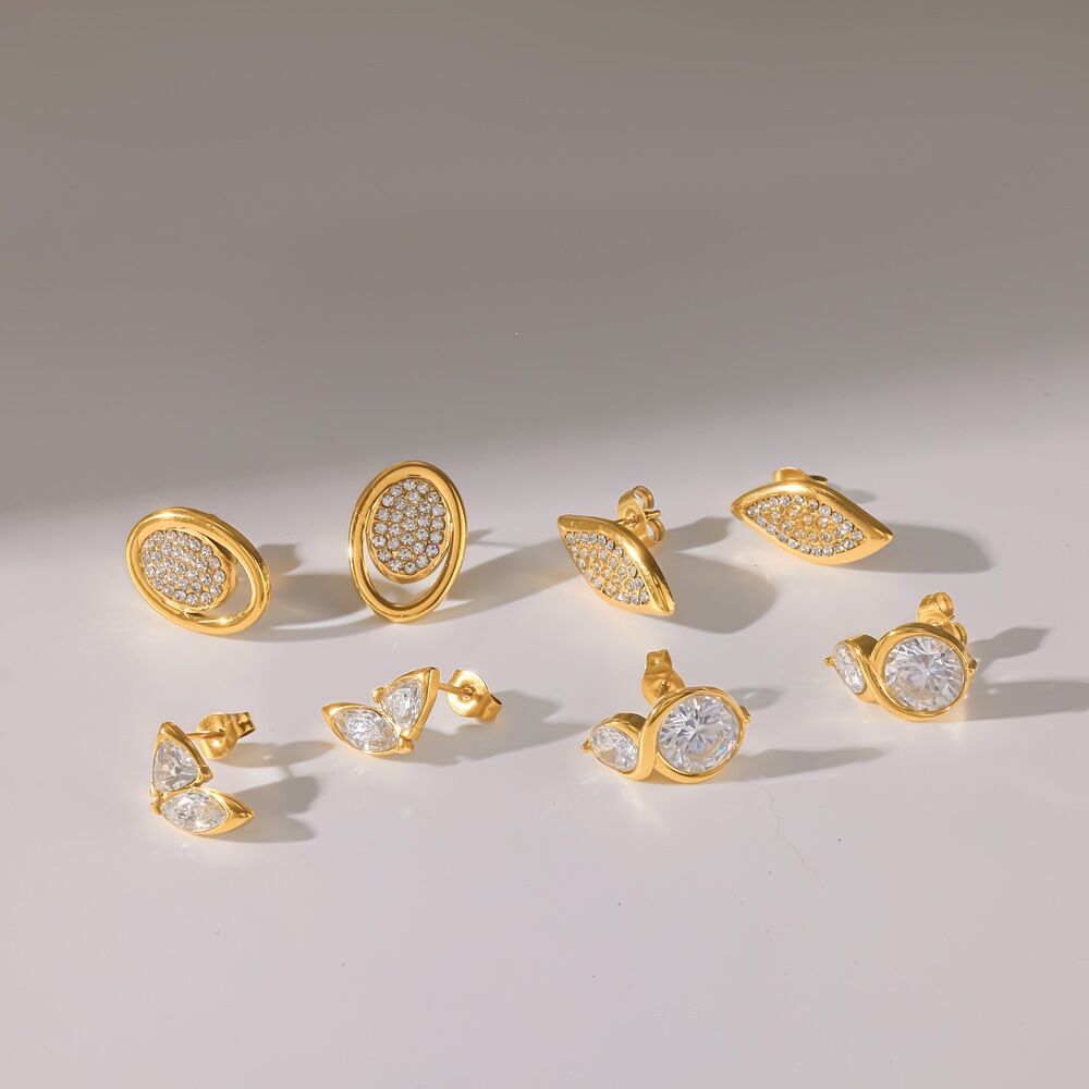 Simple Series Geometric Shape Stainless Steel Waterproof   Gold Color  Rhinestone Women's Stud Earrings