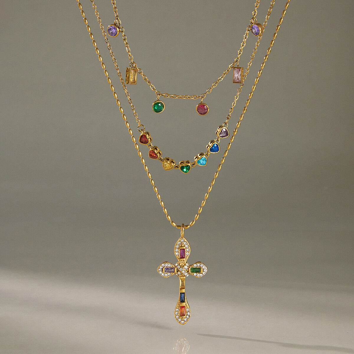 Luxurious Sweet Irregular Shape Mixed Color Chain Stainless Steel Waterproof   Gold Color  Zircon Women's Pendant Necklaces