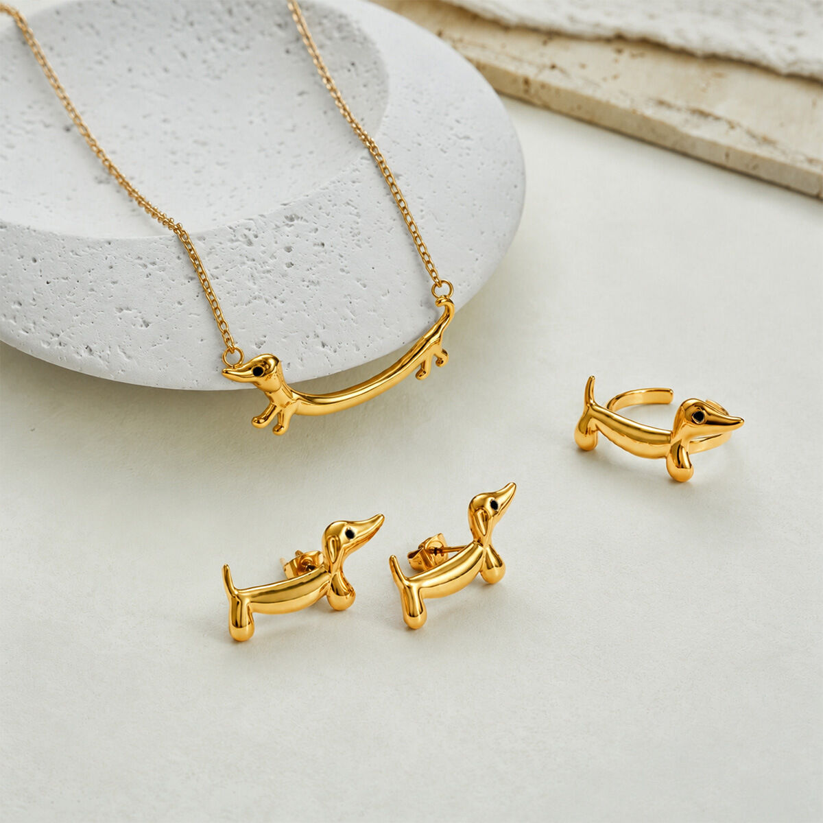Ensembles De Bijoux Pour Femmes Simple Series Cute Teckel En Acier Inoxydable Étanche Couleur Or 2
