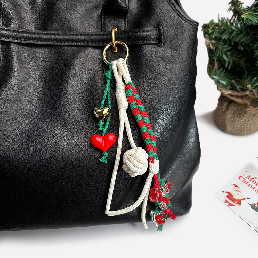 Simple Serisi Günlük Kullanım İçin Kalp Şeklinde Bükümlü Noel Püskülü Karışık Renkli Dokuma İp Çanta Süsleri h5Resim2