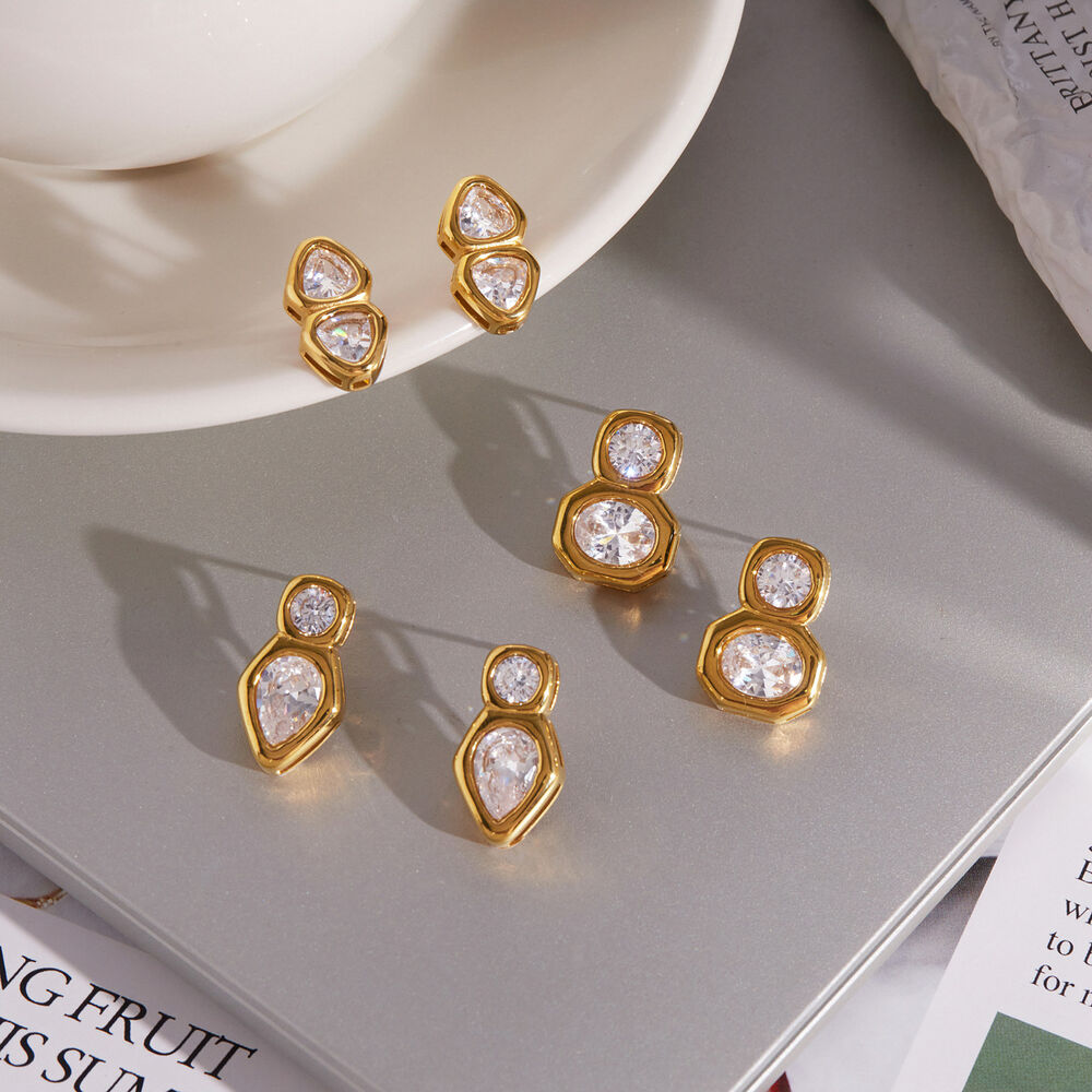 Boucles D'Oreilles Puces Pour Femmes, Forme Géométrique, En Acier Inoxydable, Étanches, Couleur Or, Avec Zircon. h5Image3