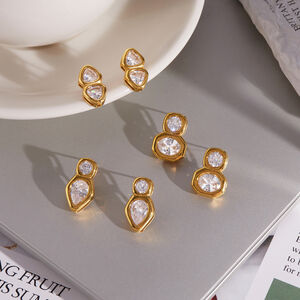 Boucles D'Oreilles Puces Pour Femmes, Forme Géométrique, En Acier Inoxydable, Étanches, Couleur Or, Avec Zircon. h5 Image3