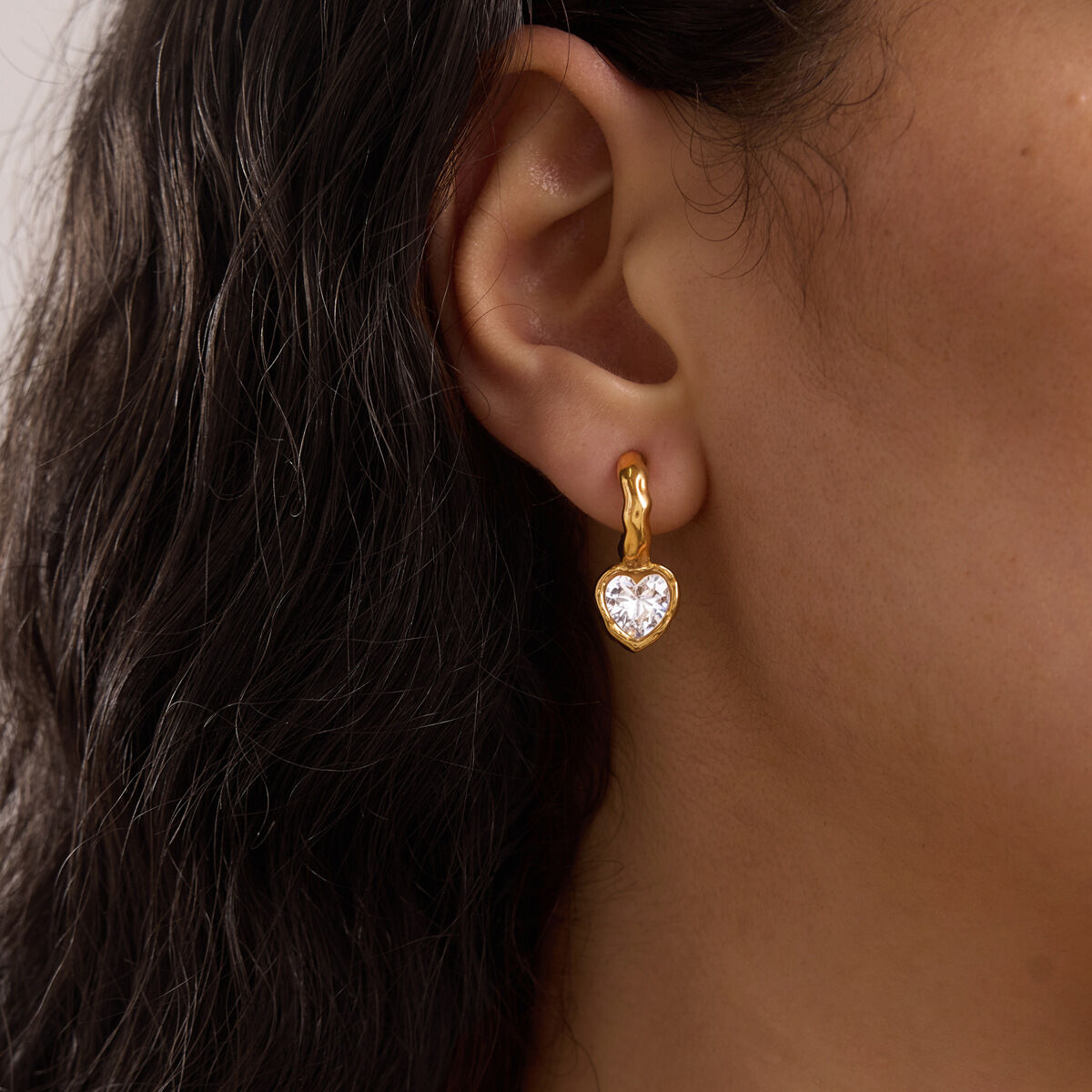 Luxurious Series  Droplet Heart Hammer Pattern Stainless Steel Waterproof   Gold Color  Zircon Women's Drop Earrings h5 Picture4