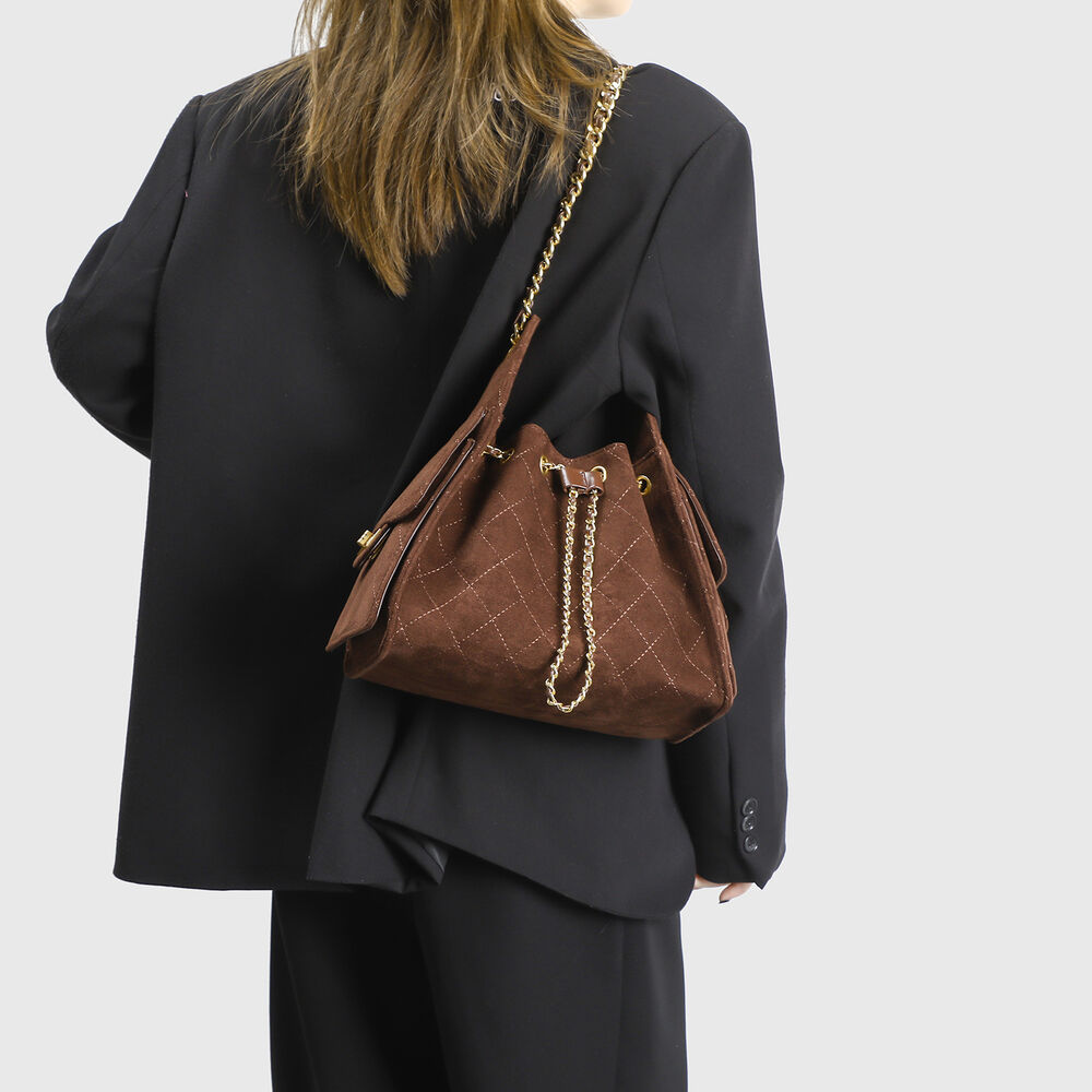 Casual Style Quilted Stitching Metal Hardware Solid Color Suede Women's Bucket Shoulder Bags h5Picture3