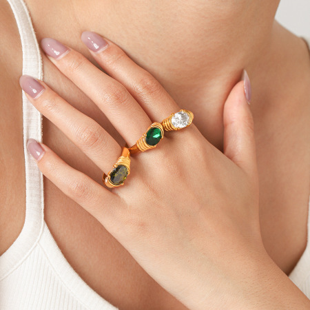 Simple Series Daily Ellipse Shape Stainless Steel Waterproof   Gold Color  Zircon Women's Gemstone Rings 2