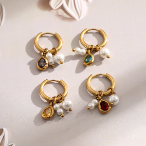 Romantic Series Daily Droplet Beads Stainless Steel Waterproof   Gold Color  Women's Hoop Earrings h5 Picture2