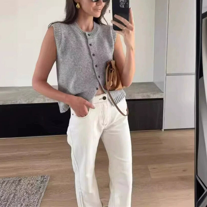 Minimalist Düz Renk Yumuşak Yuvarlak Yaka Kadın Örme Yelek