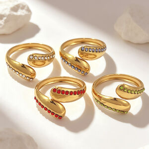 Simple Stainless Steel Waterproof Gold Color Rhinestone Women's Gemstone Rings h5 Picture2