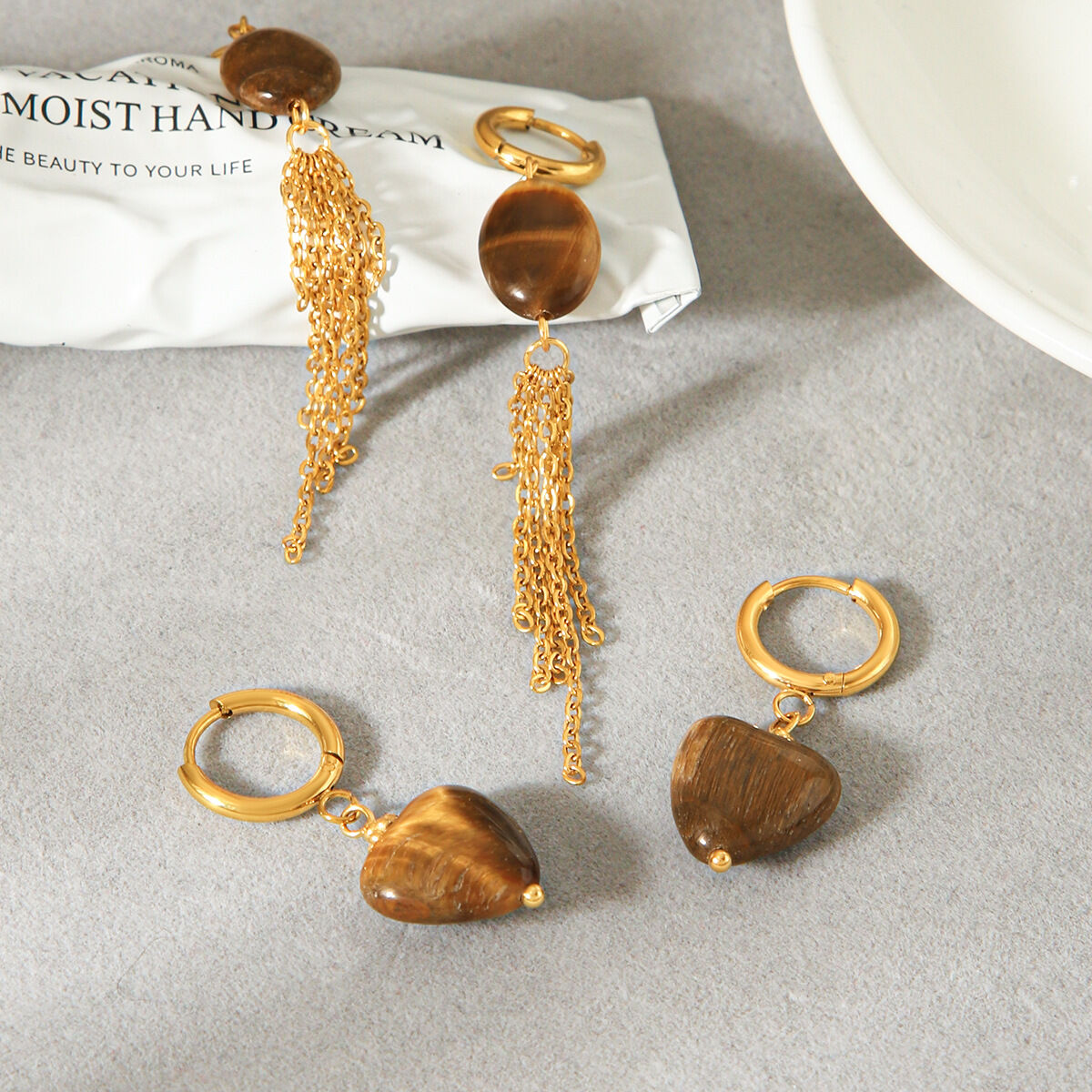 Pendientes Colgantes Para Mujer De La Serie Simple Daily Heart Con Borla, De Acero Inoxidable, Resistentes Al Agua, Color Dorado Y Piedra Natural. Imagen5