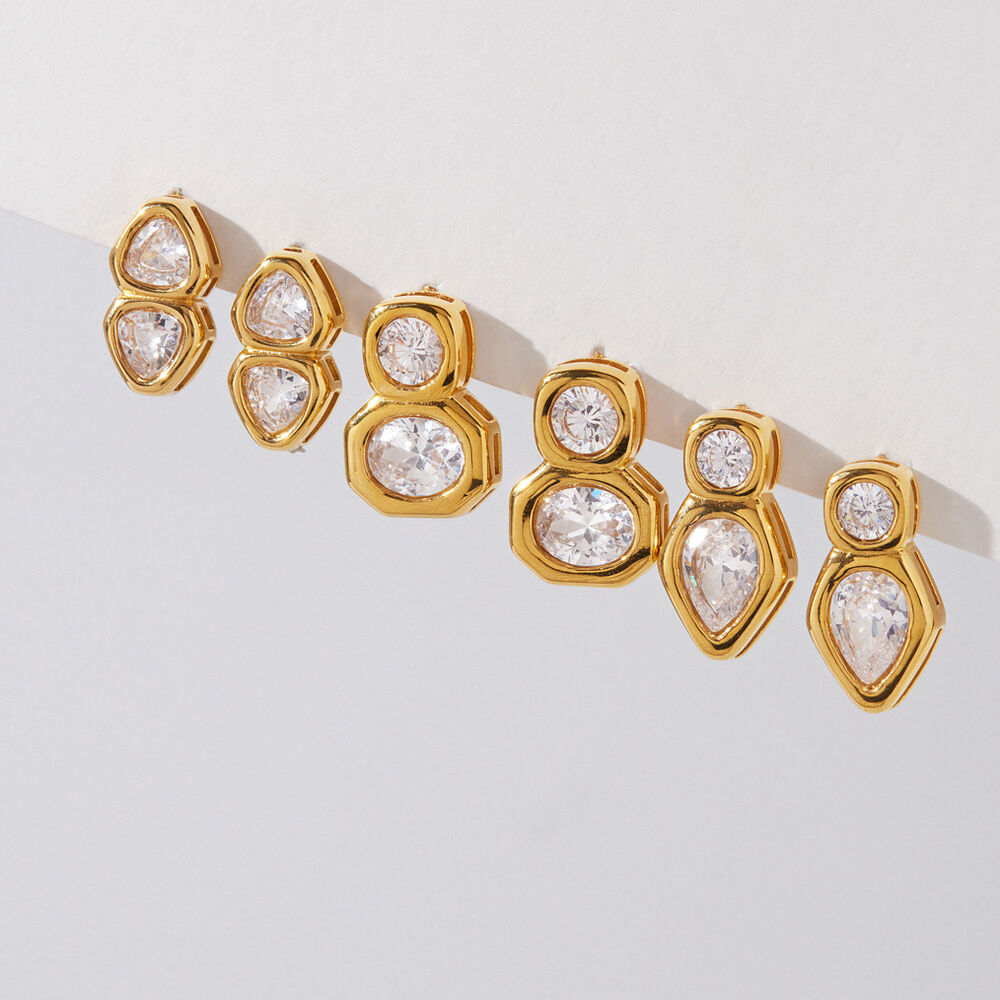 Boucles D'Oreilles Puces Pour Femmes, Forme Géométrique, En Acier Inoxydable, Étanches, Couleur Or, Avec Zircon. h5Image2