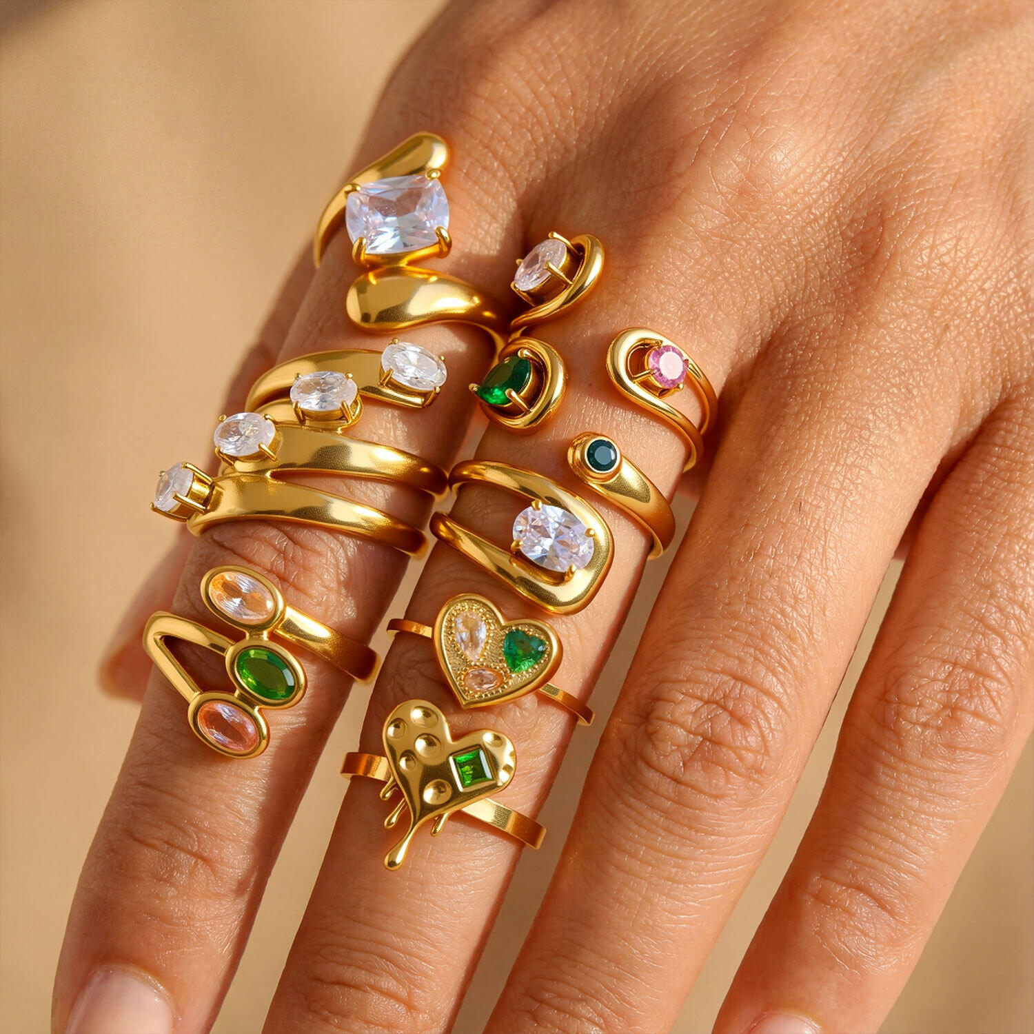 Eenvoudige Serie, Eenvoudige, Onregelmatige Vorm, Roestvrij Staal, Waterdicht, Goudkleurige Strass-Steentjes, Damesringen Met Edelstenen Afbeelding4