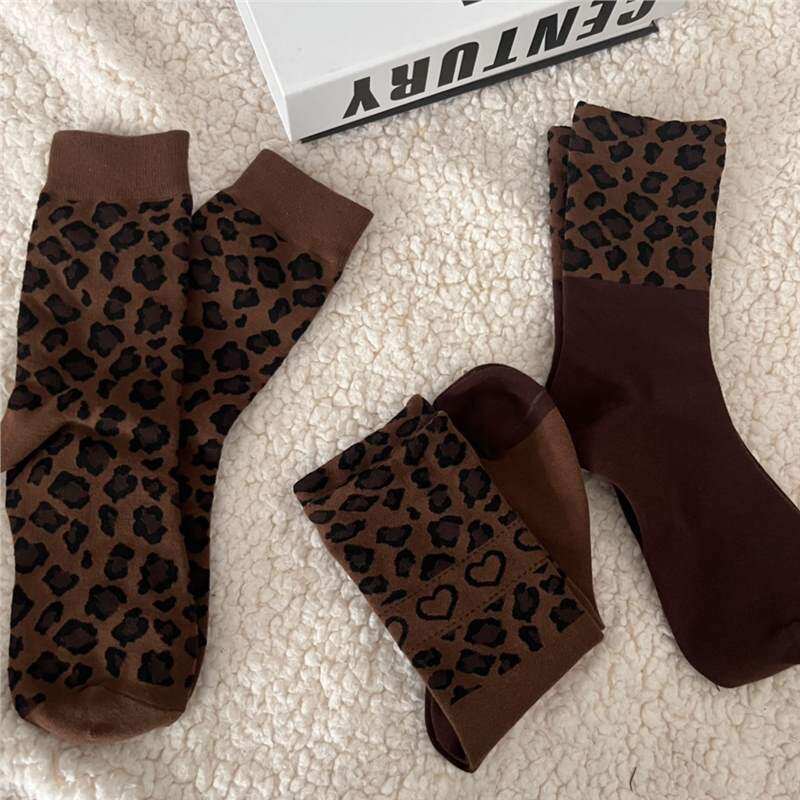 Chaussettes Mi-Mollet Rétro Pour Femmes, Couleur Unie, Imprimé Léopard Et Cœur Image2