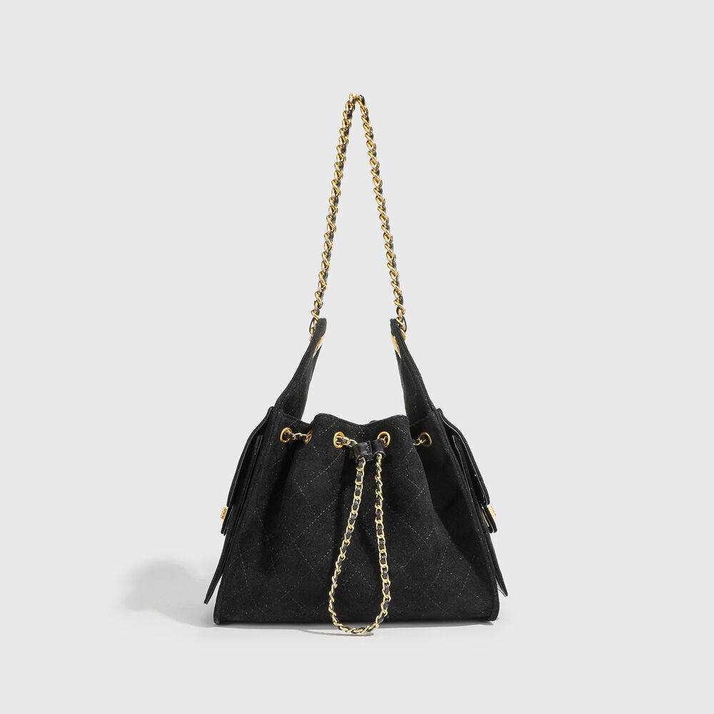Casual Style Quilted Stitching Metal Hardware Solid Color Suede Women's Bucket Shoulder Bags