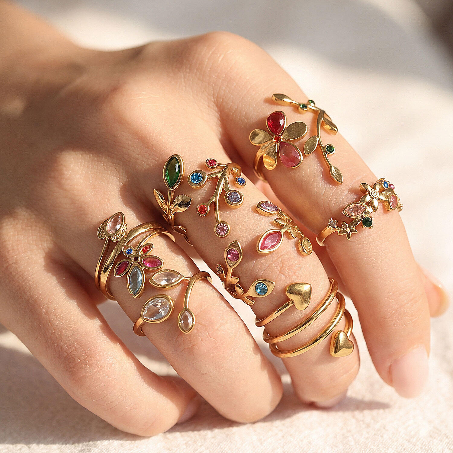 Romantische Serie Zoete Bloemen Hart Roestvrij Staal Waterdicht Goudkleurige Strass Statement Ringen h5 Afbeelding5