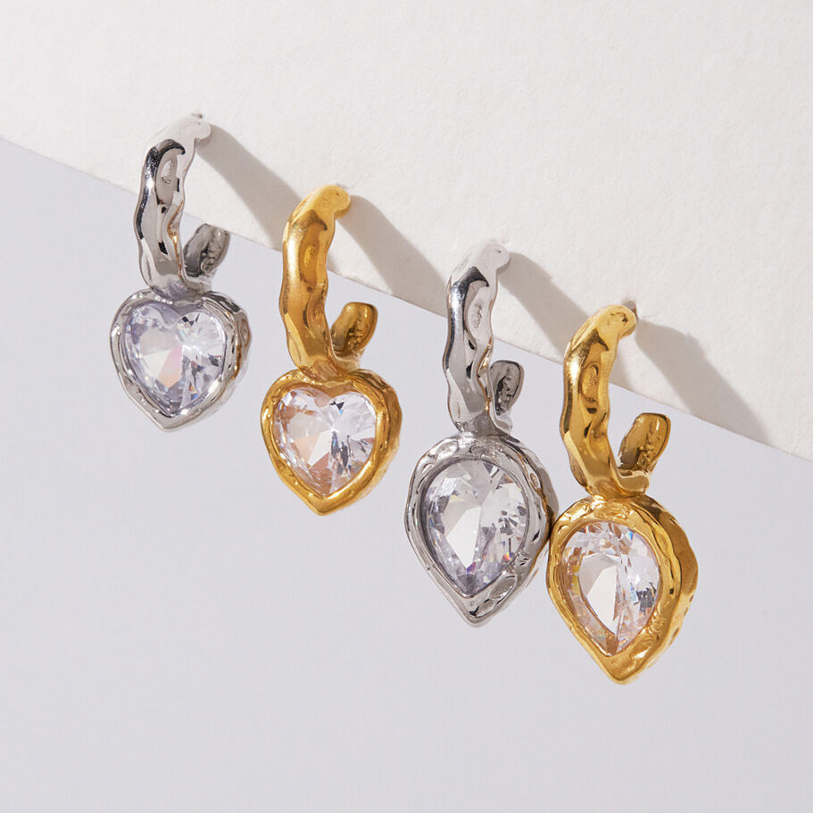 Luxurious Series  Droplet Heart Hammer Pattern Stainless Steel Waterproof   Gold Color  Zircon Women's Drop Earrings