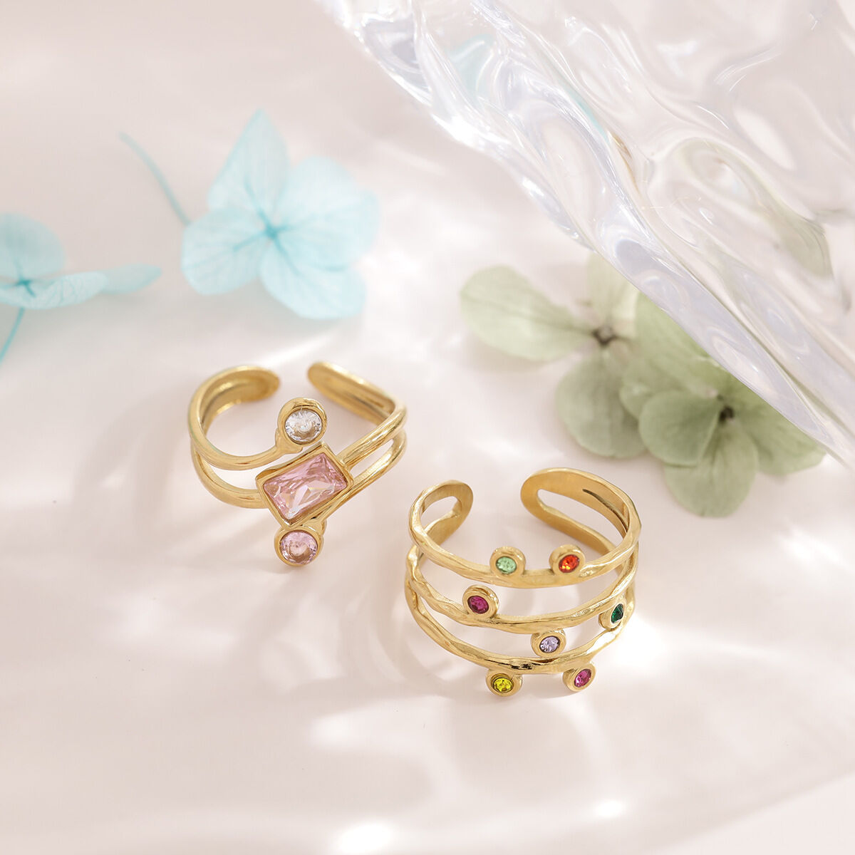 Irregular Shape Stainless Steel Waterproof Gold Color Rhinestone Women's Gemstone Rings Picture2