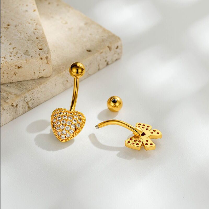 Piercings De Nombril En Zircon Couleur Cuivre Et Or, Motif Fleur, Cœur, Nœud Papillon Et Ailes, Série Simple h5 Image3