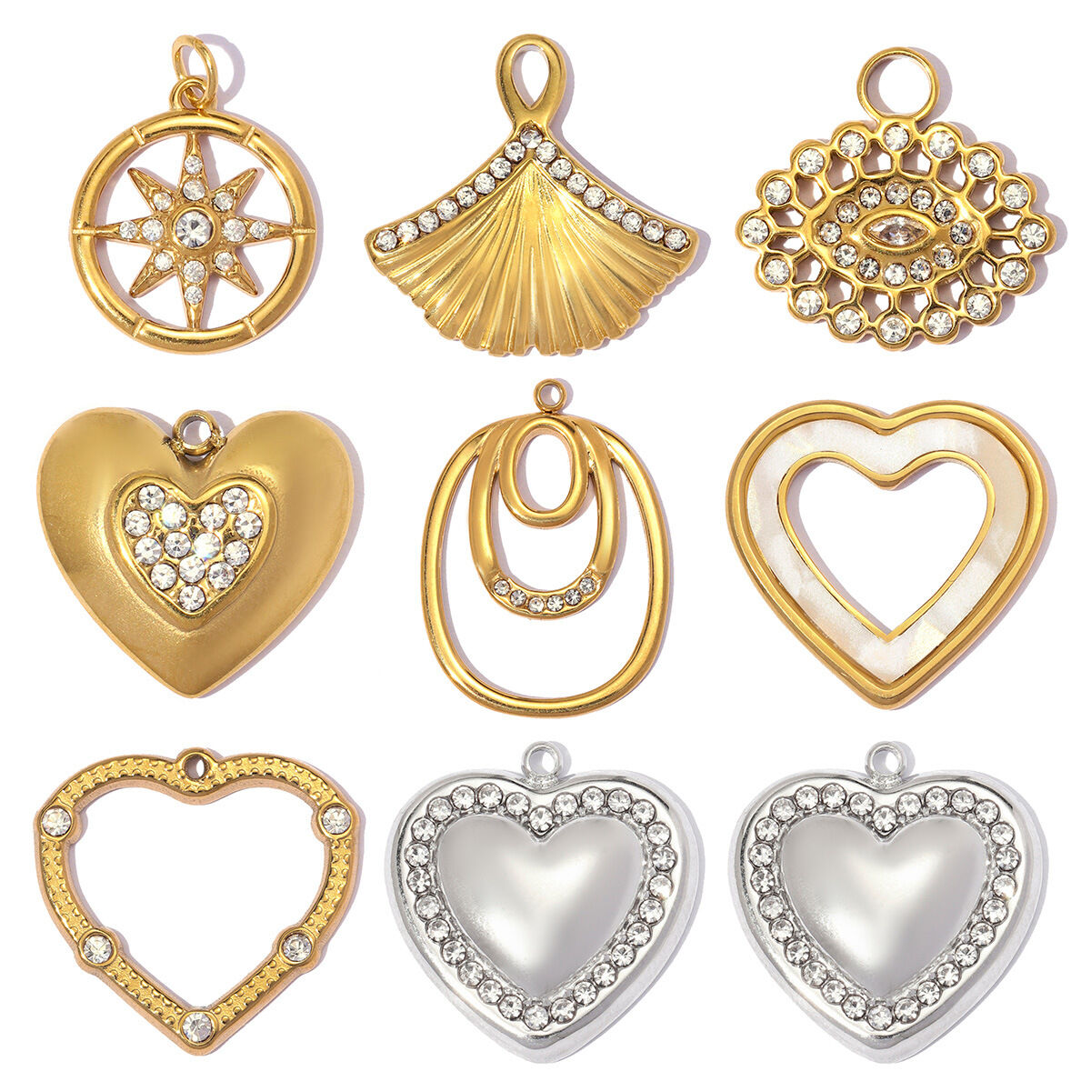 Ciondoli da donna fai da te a forma di cuore retrò in acciaio inossidabile color oro impermeabile con strass