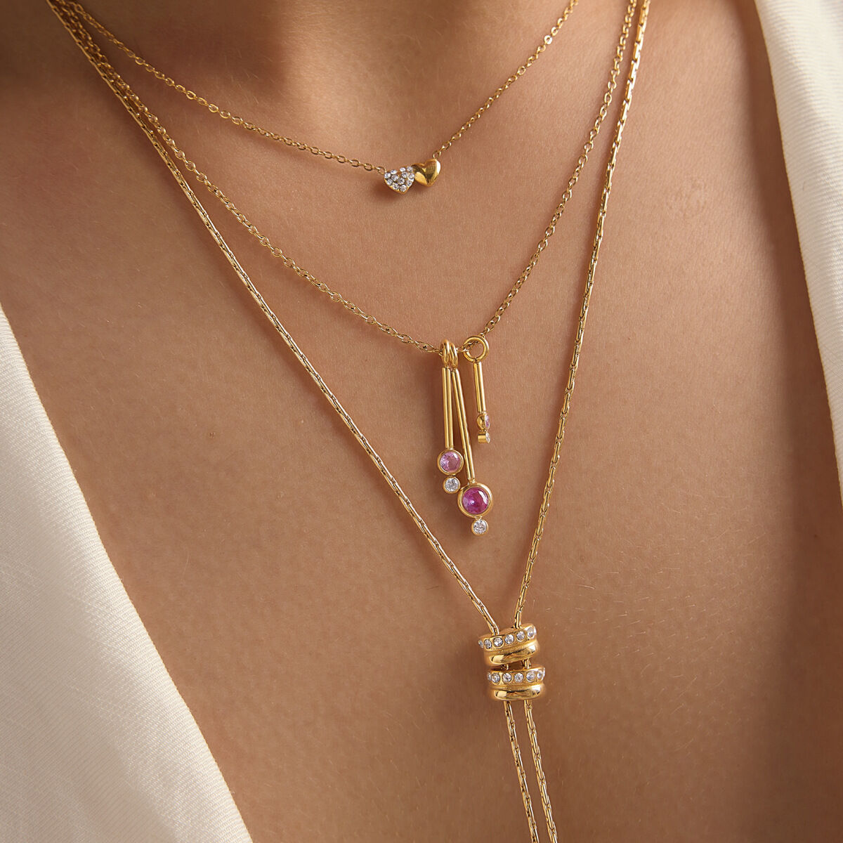 Simple Series Punk Lines Stainless Steel Waterproof   Gold Color  Zircon Women's Pendant Necklaces 2