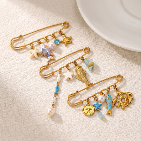 Simple Series Cute Shell Fish Starfish Stainless Steel Gold Color Brooches