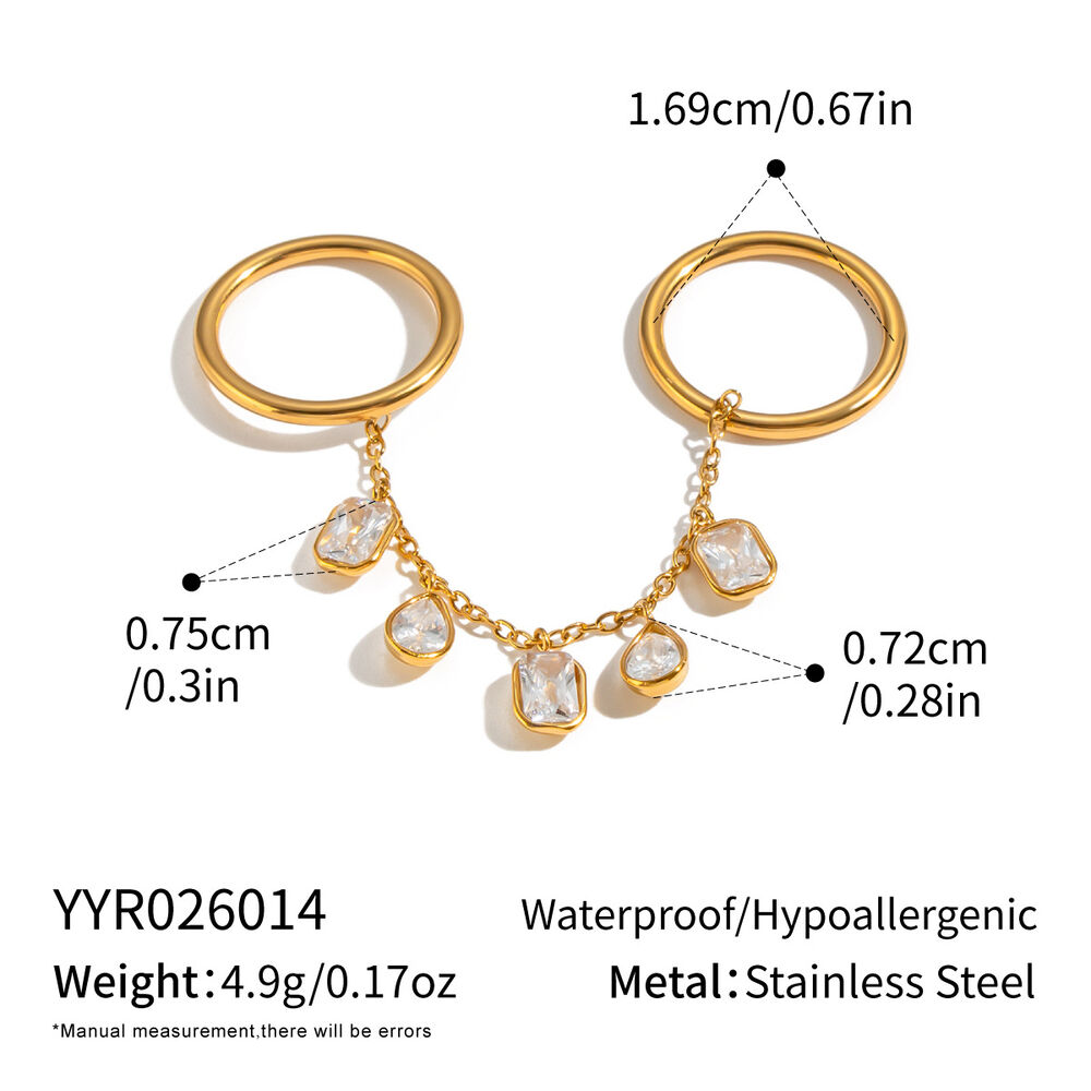 Tassel Stainless Steel Waterproof Gold Color Zircon Gemstone Rings