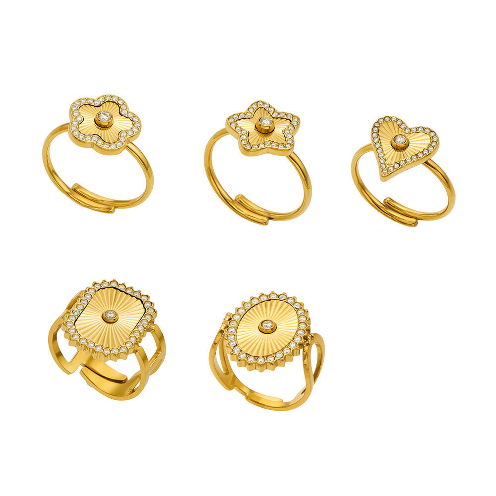 Bagues Élégantes En Acier Inoxydable Doré, Ornées De Fleurs, Cœurs Et Étoiles, Style Luxueux, Collection Luxueuse. Design Floral, Cœur Et Étoile. Étanche. Couleur Or. Image5