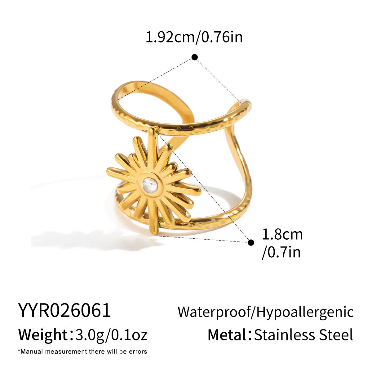 Stars Shape Stainless Steel Waterproof Gold Color Zircon Women's Gemstone Rings 