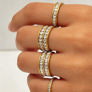 Luxurious Series Simple Geometric Shape Stainless Steel Waterproof Gold Color Rhinestone Women's Gemstone Rings h5 Picture4