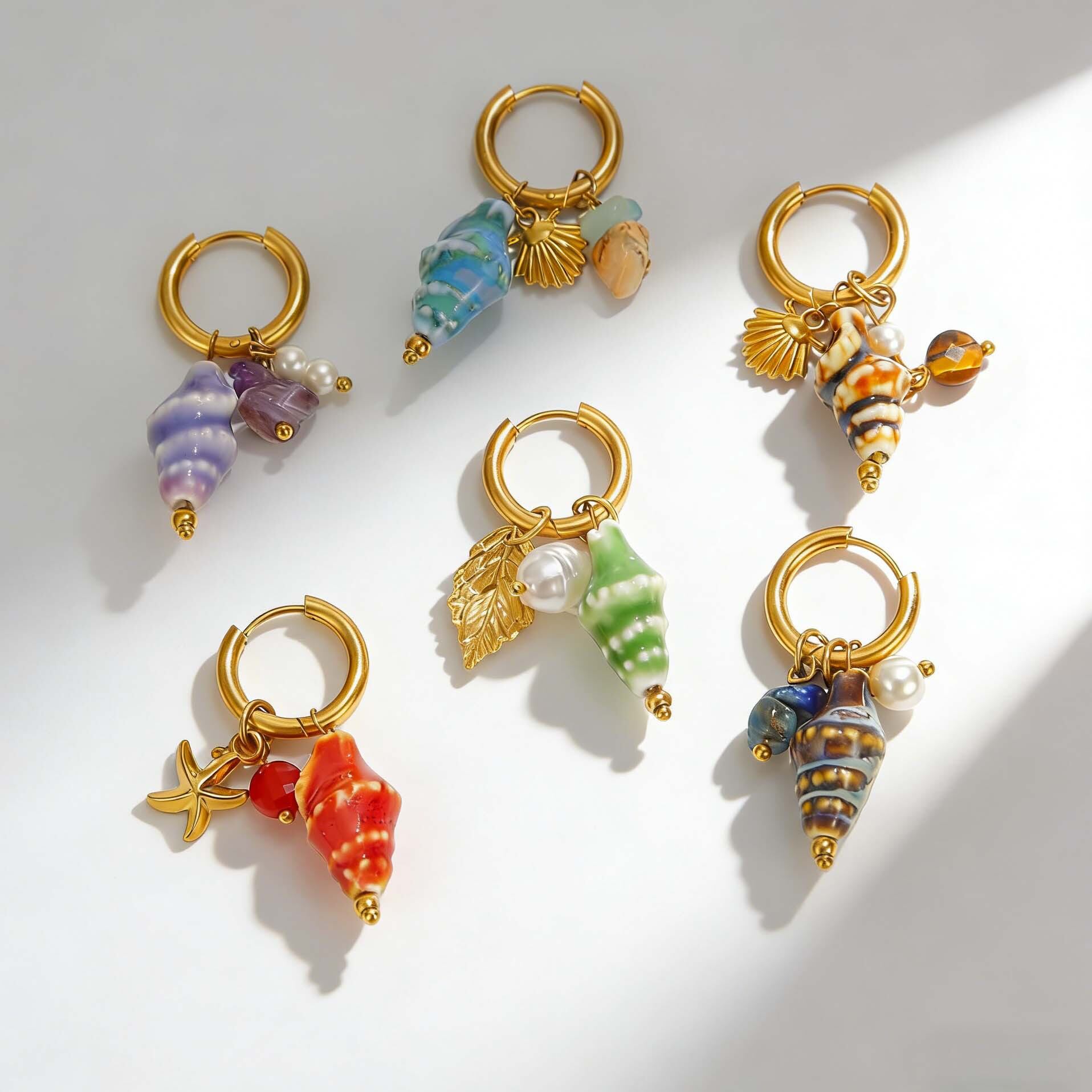 Romantic Series Vacation Beads Shell Thread Stainless Steel Waterproof   Gold Color  Women's Hoop Earrings