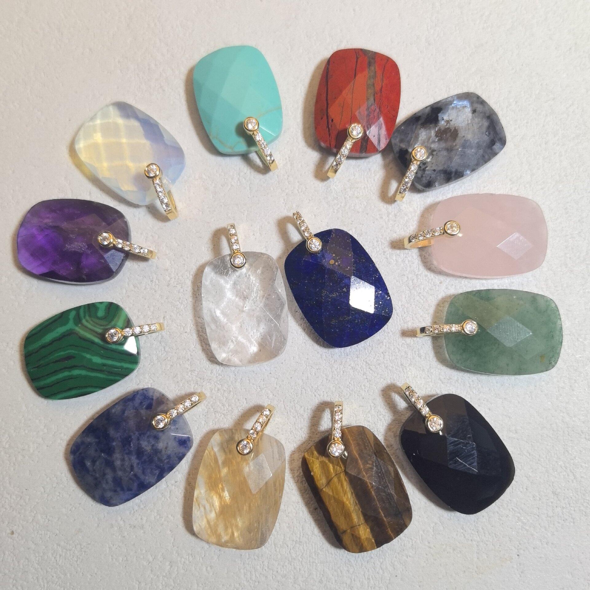 Rectangle Natural Stones Copper Gold Color Rhinestone Women's Pendants