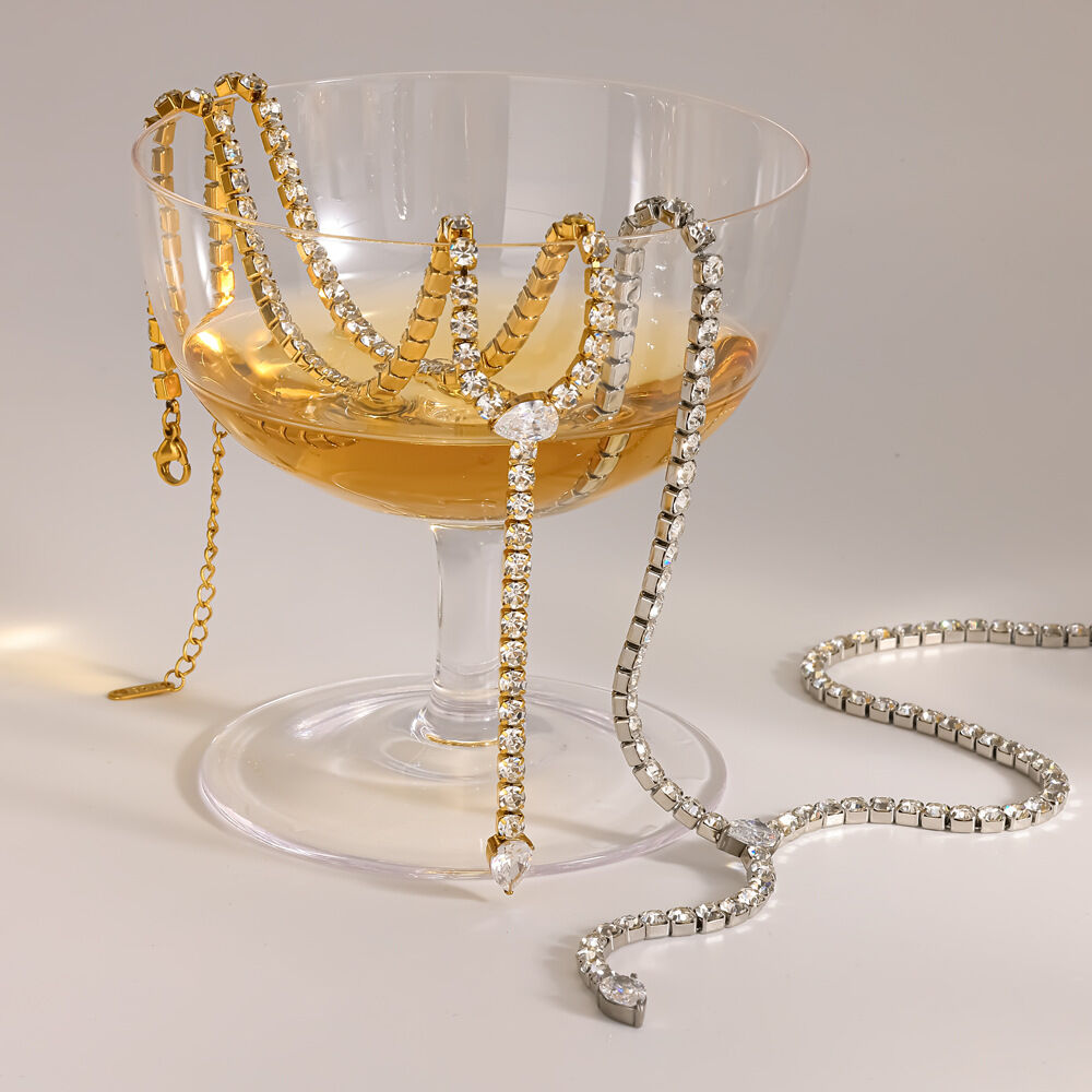 Elegant Stainless Steel Waterproof Gold Color Rhinestone Women's Chain Necklaces h5Picture3