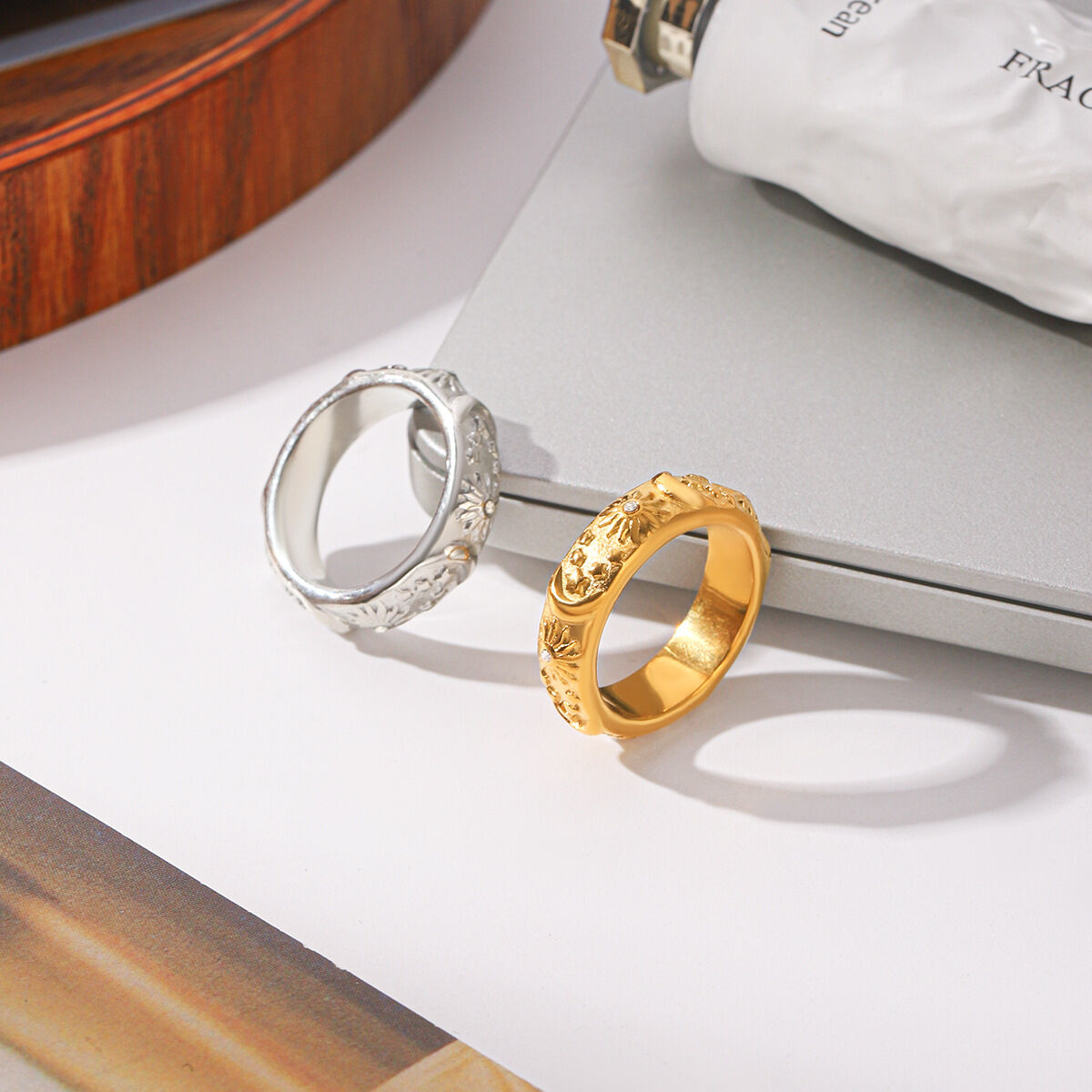 Simple Series Daily Sun Star Moon Stainless Steel Waterproof   Gold Color  Zircon Statement Rings Picture6